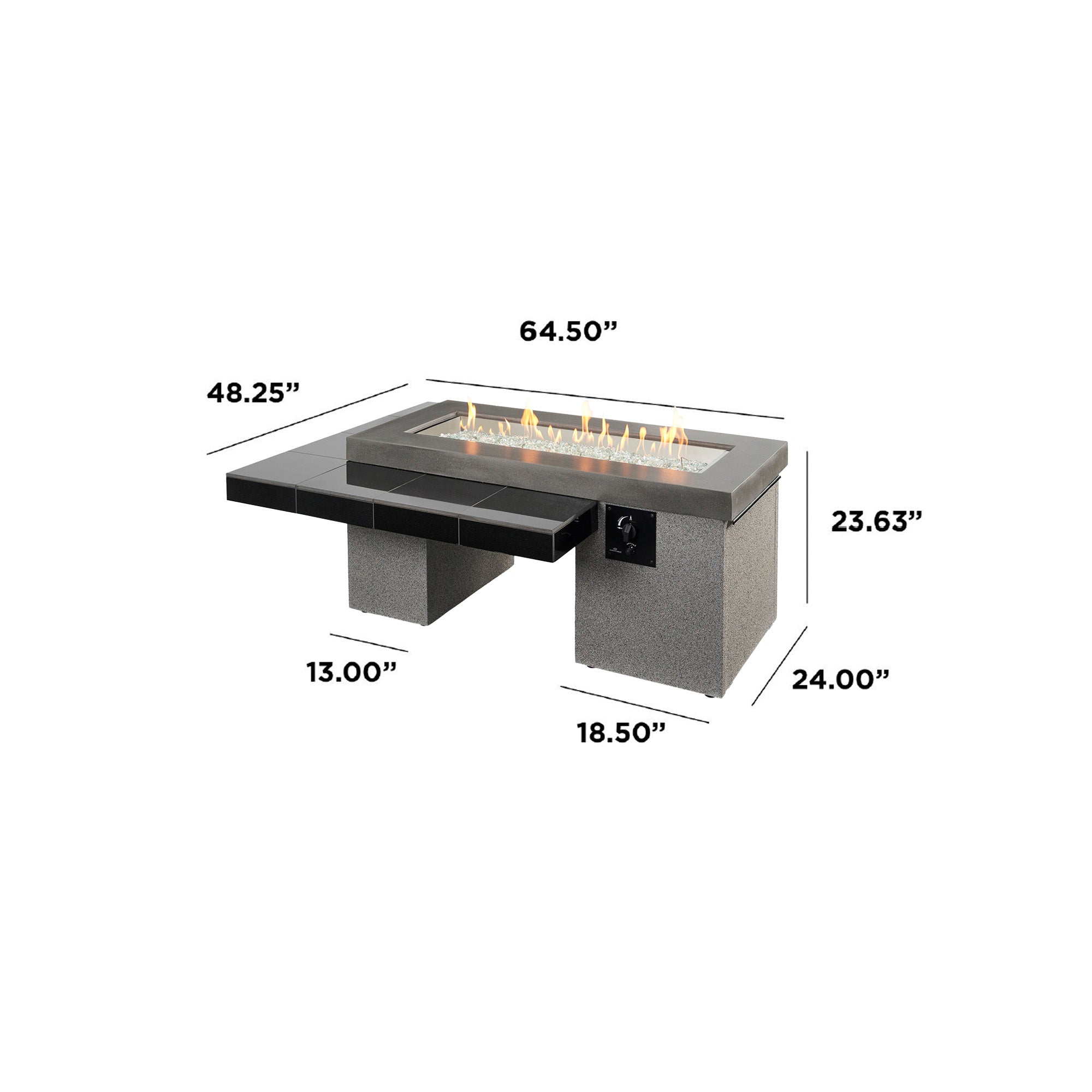 Dimensions overlaid on the Black Uptown Linear Gas Fire Pit Table