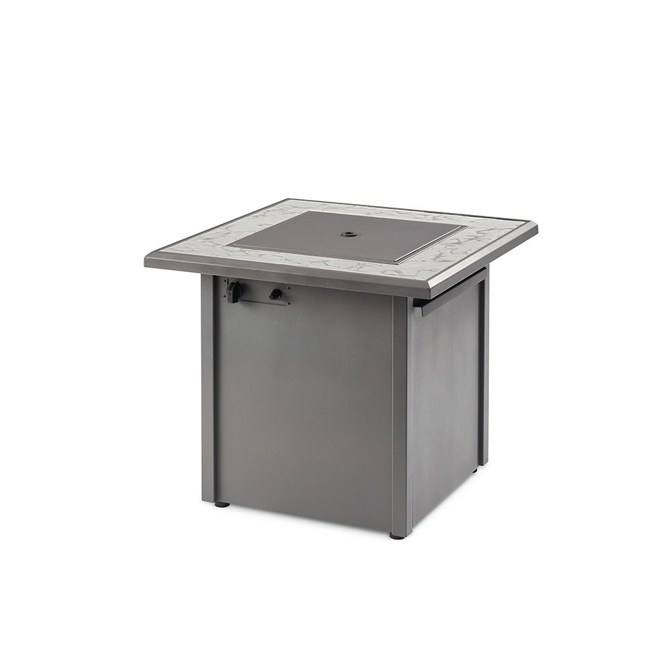The Vaughn Aluminum Square Fire Pit Table with a cover on the burner
