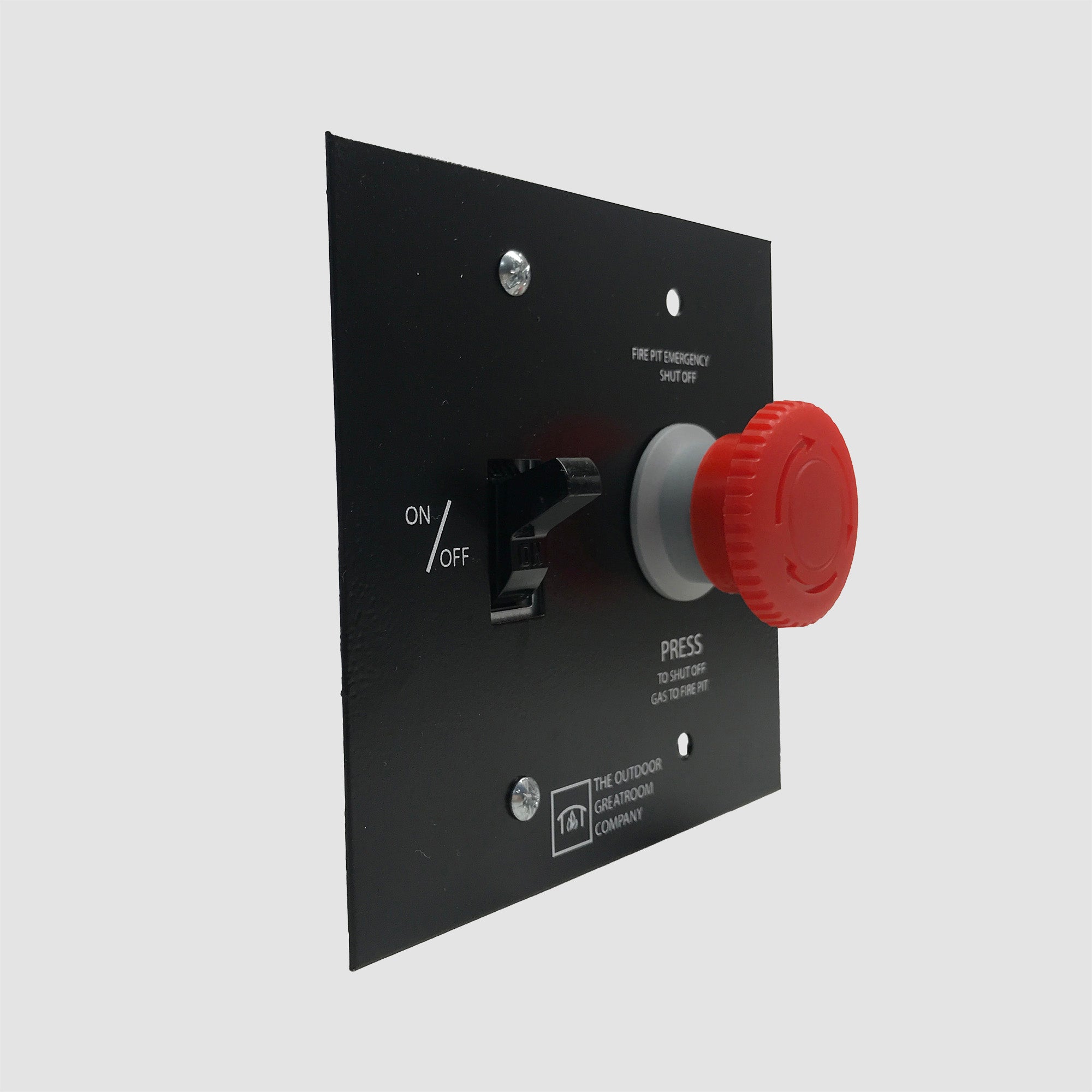 Side view of the Direct Spark Ignition System ON/OFF Wall Switch with an Emergency Stop on a grey background
