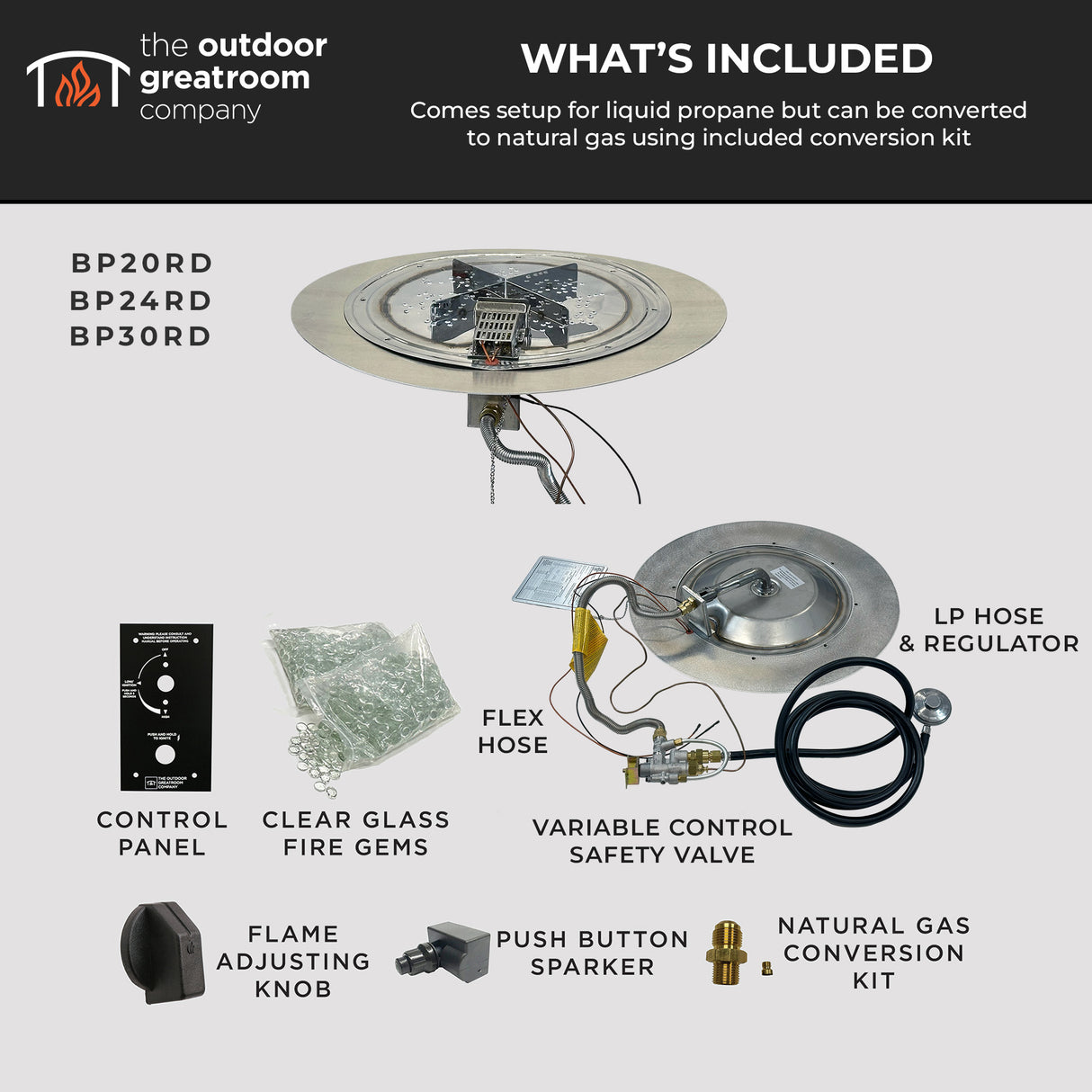 Crystal Fire Plus Round Gas Burner Insert and Plate Kit